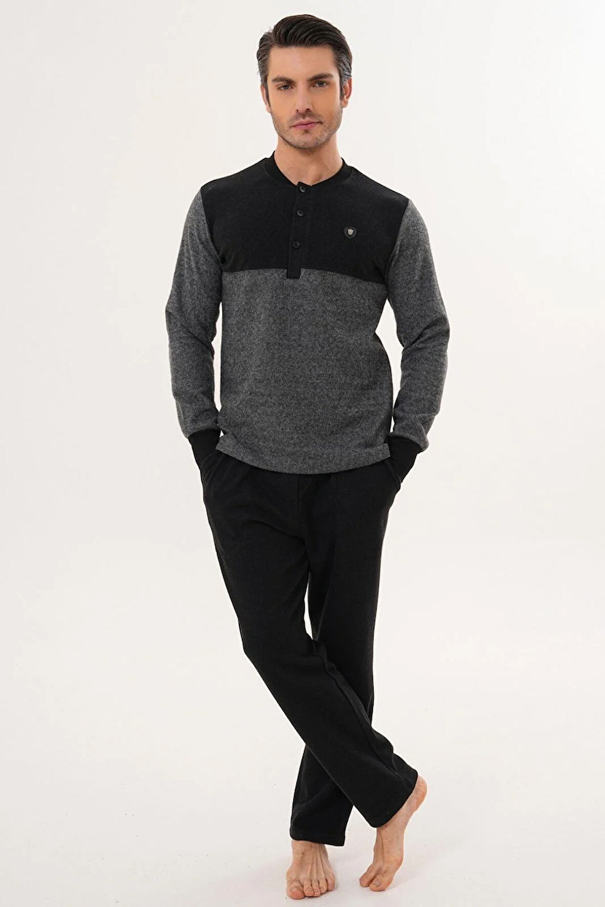 Mecit 2999 Gri-Siyah Selanik Kumaş Kışlık Erkek Pijama Takımı