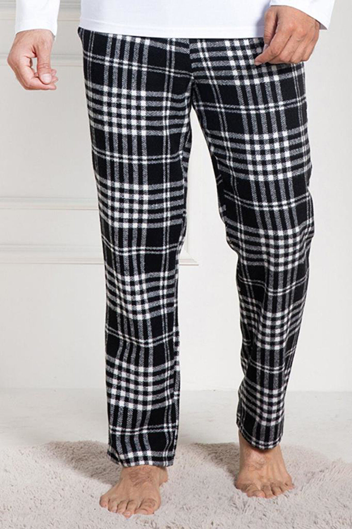 Mecit 3026 Erkek Beyaz Ekoseli Tek Pijama Altı