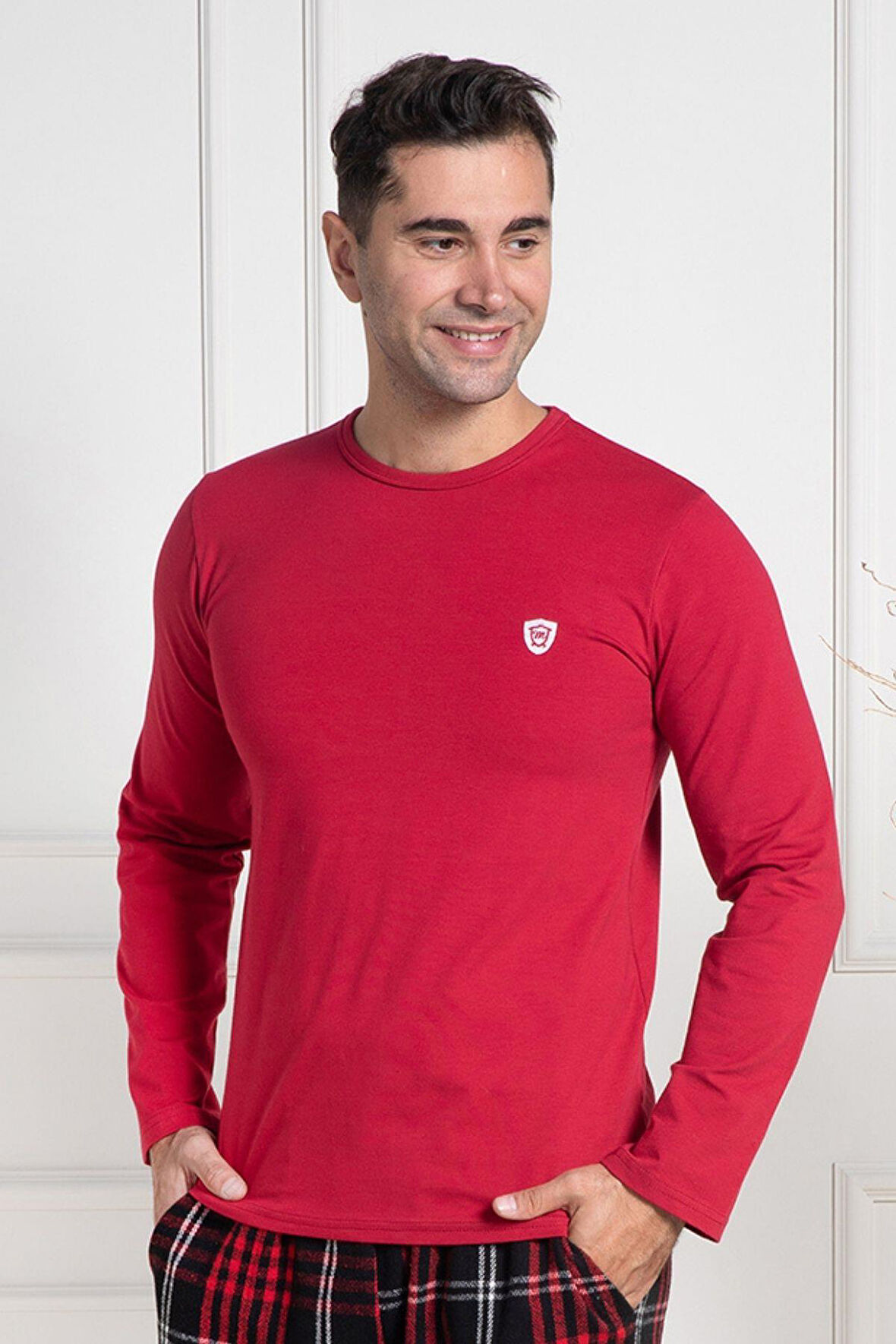 Mecit 3080 Kırmızı Bisiklet Yaka Uzun Kollu Likralı Pamuk Erkek Tişört