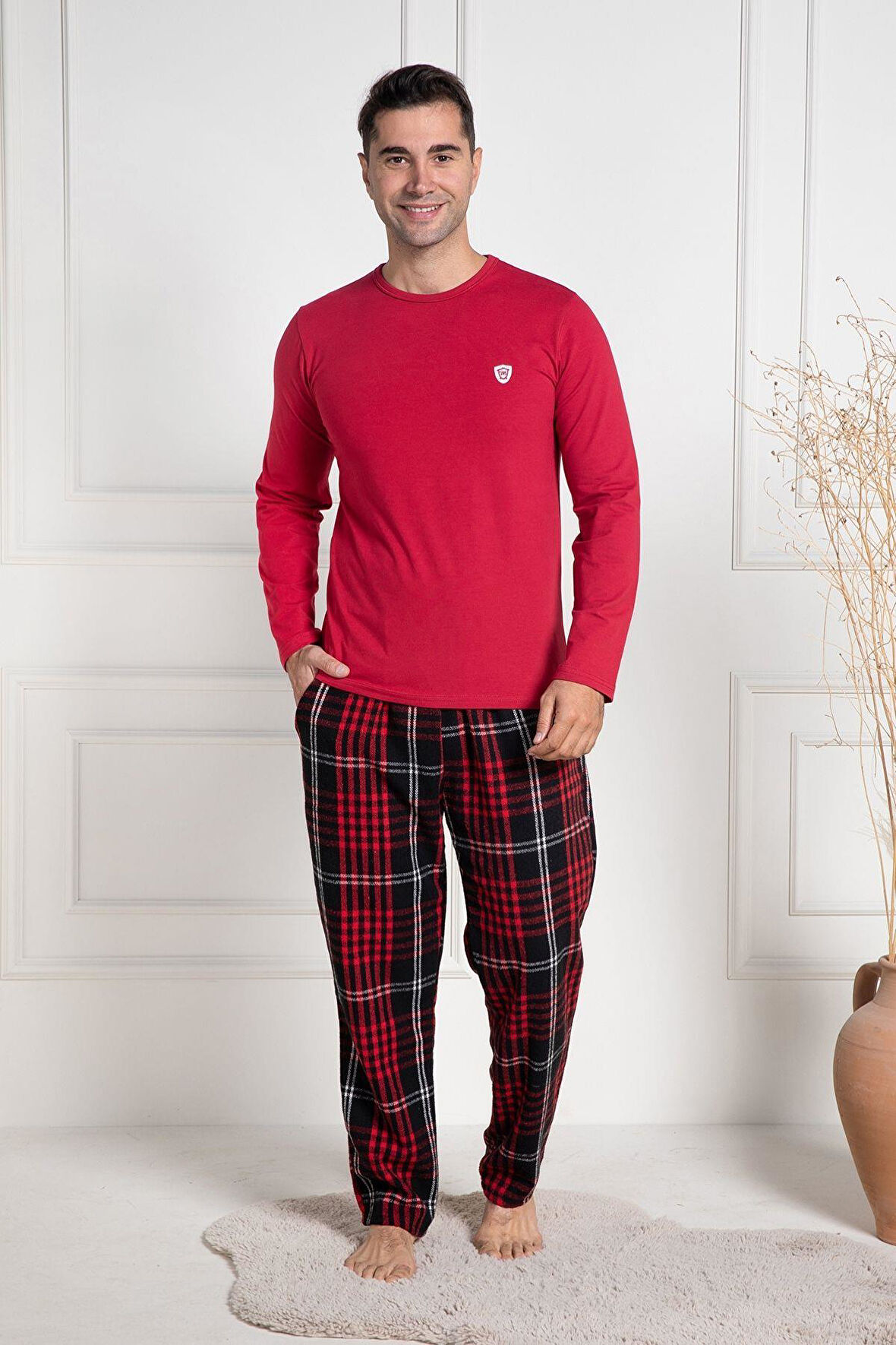 Mecit 3081 Kırmızı Ekoseli Büyük Beden Kalın Erkek Pijama Takımı