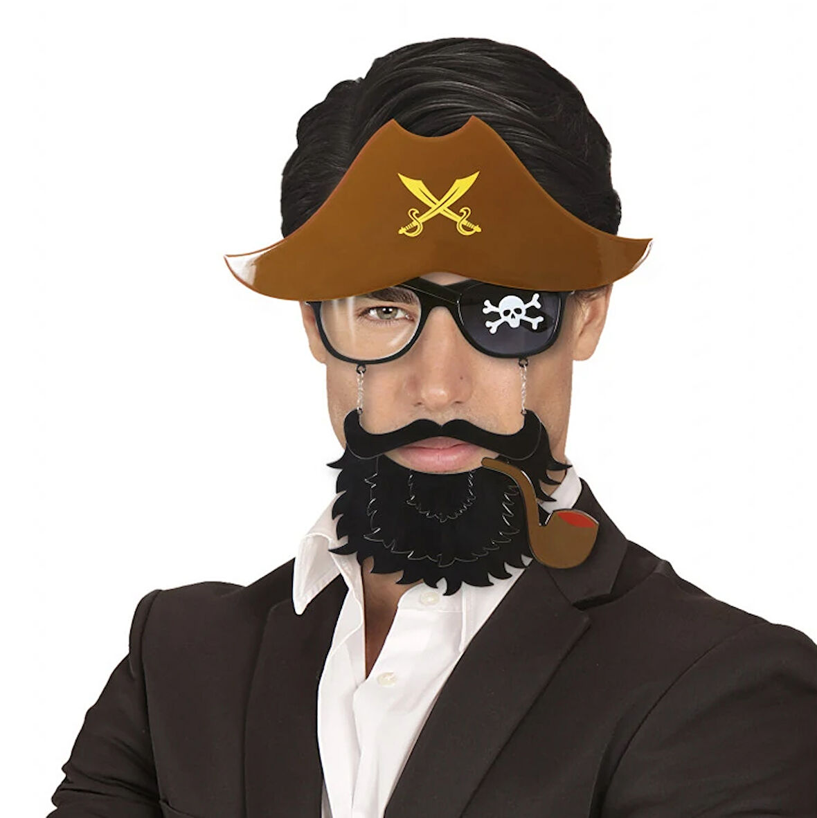 Kahve Renk Şapkalı Siyah Sakallı Pipolu Jack Sparrow Denizci Korsan Gözlüğü 2