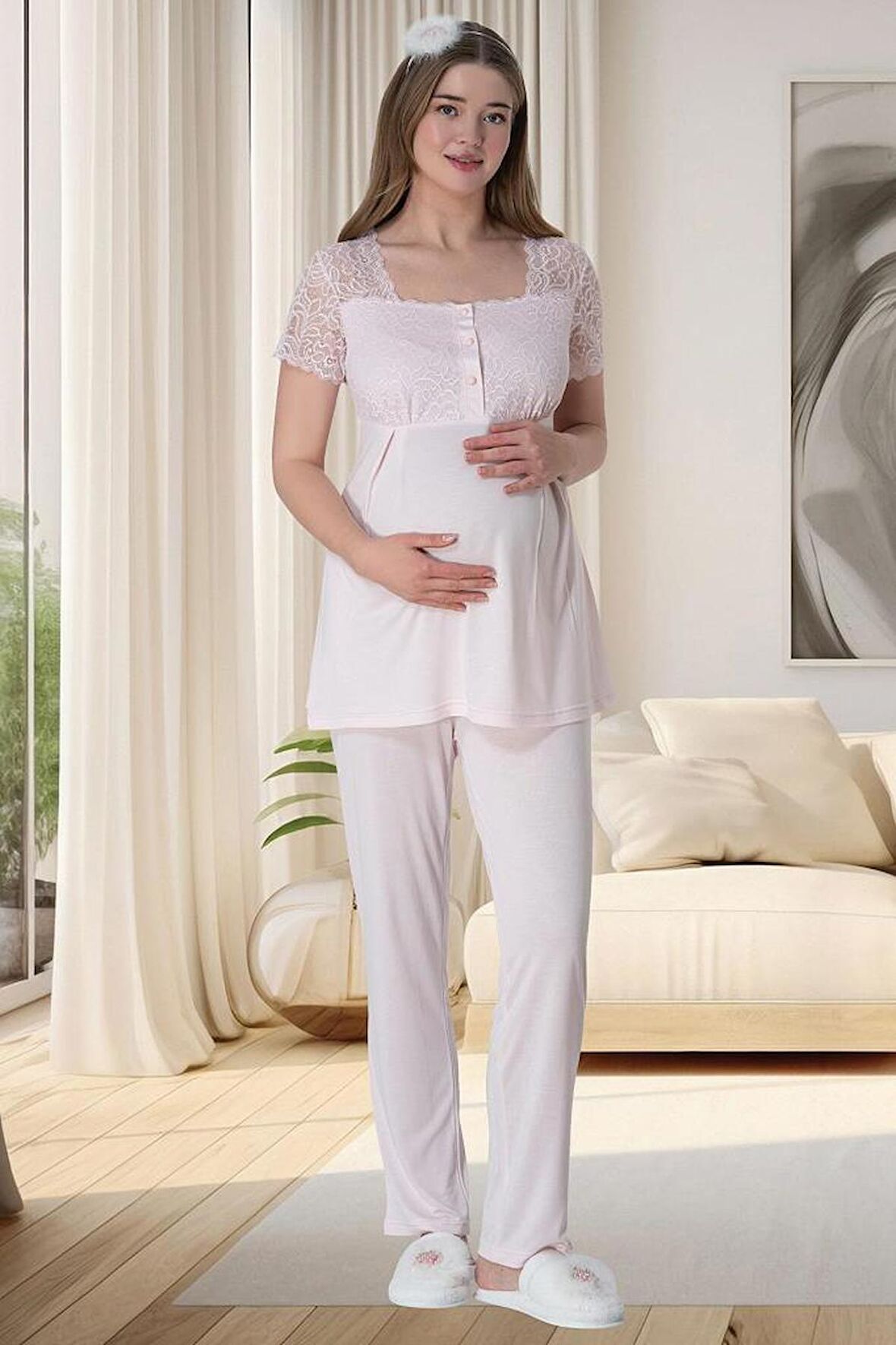 Mecit 6010 Kadın Pembe Dantelli Hamile Lohusa Pijama Takımı