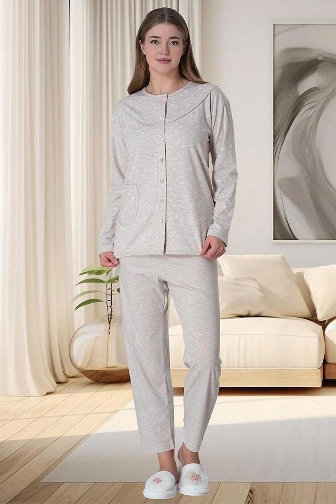 Mecit 6022 Kadın Vizon Büyük Beden Boydan Düğmeli Pijama Takımı