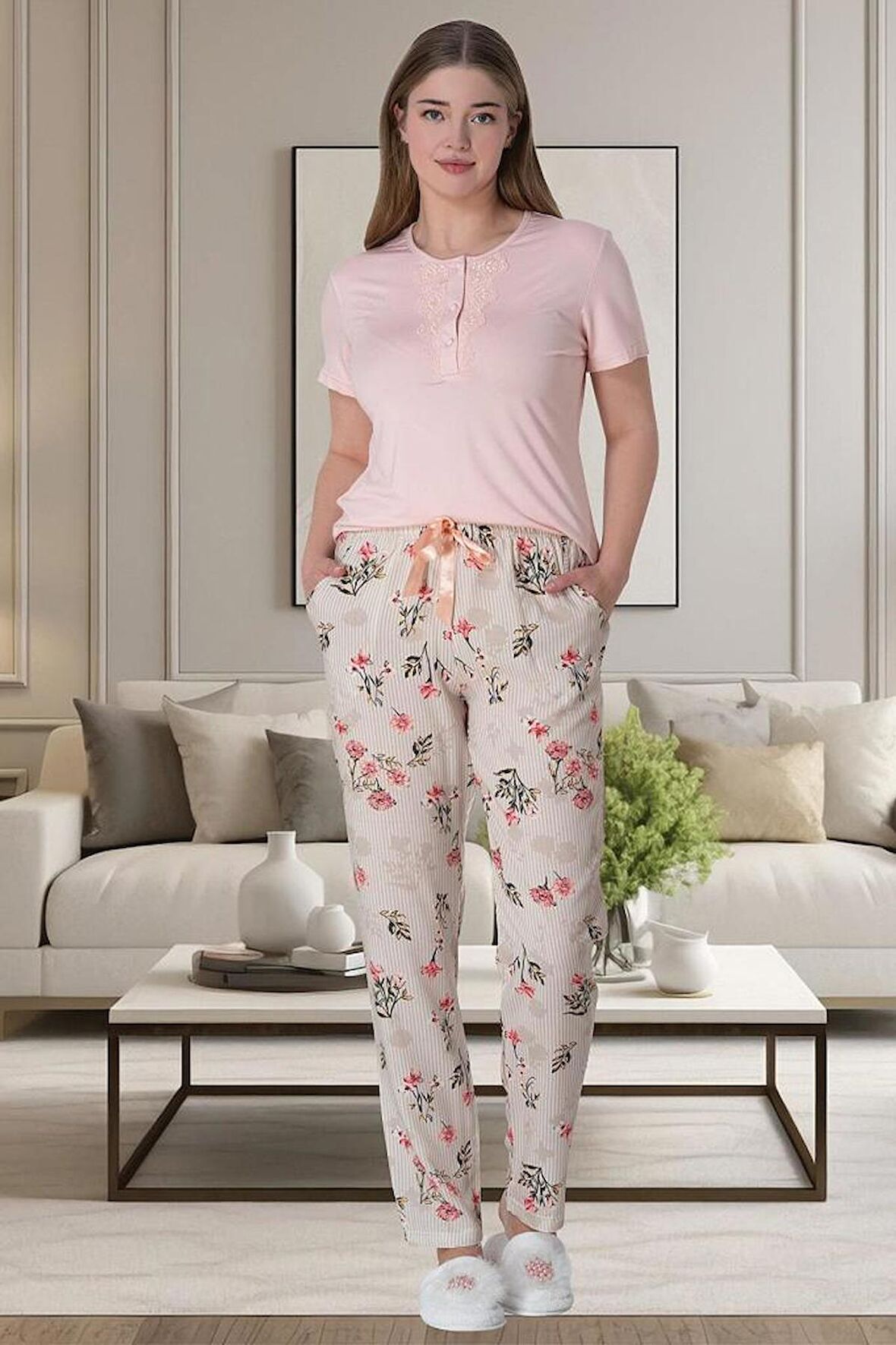 Mecit 6058 Kadın Pudra Kısa Kollu Pijama Takımı