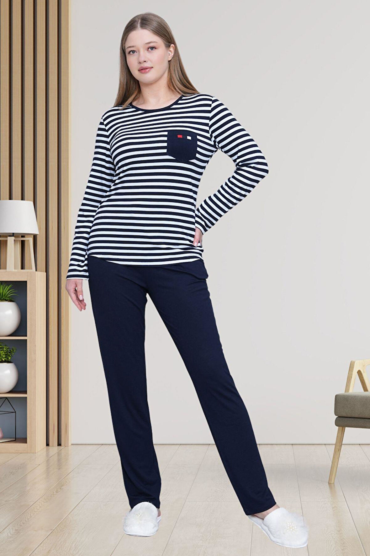 Mecit 6201 Lacivert Çizgili Büyük Beden Kadın Pijama Takımı