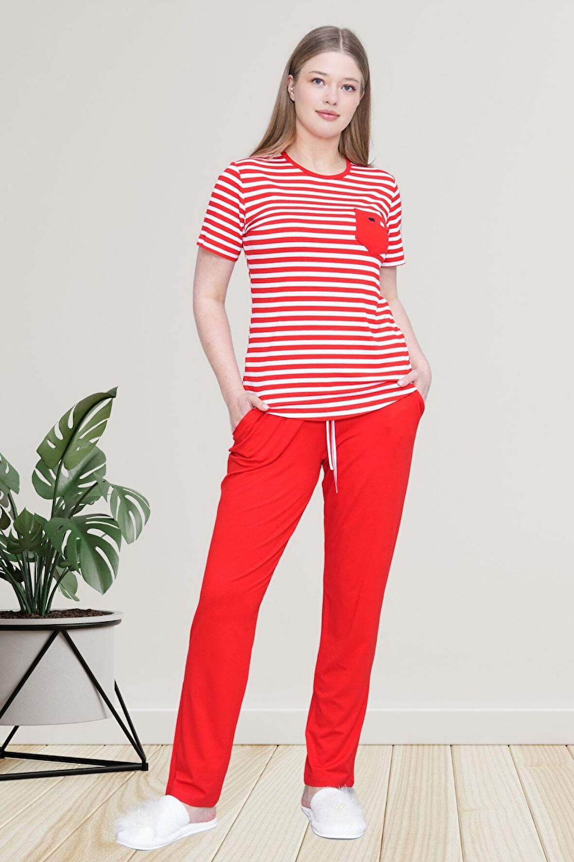 Mecit 6202 Kırmızı Çizgili Büyük Beden Kadın Pijama Takımı