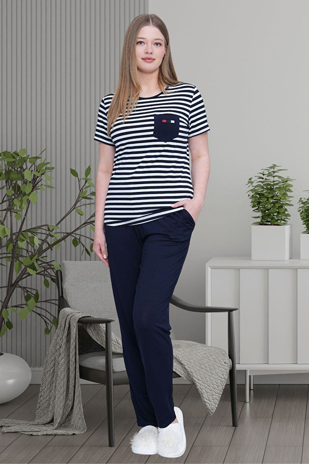 Mecit 6202 Lacivert Çizgili Büyük Beden Kadın Pijama Takımı