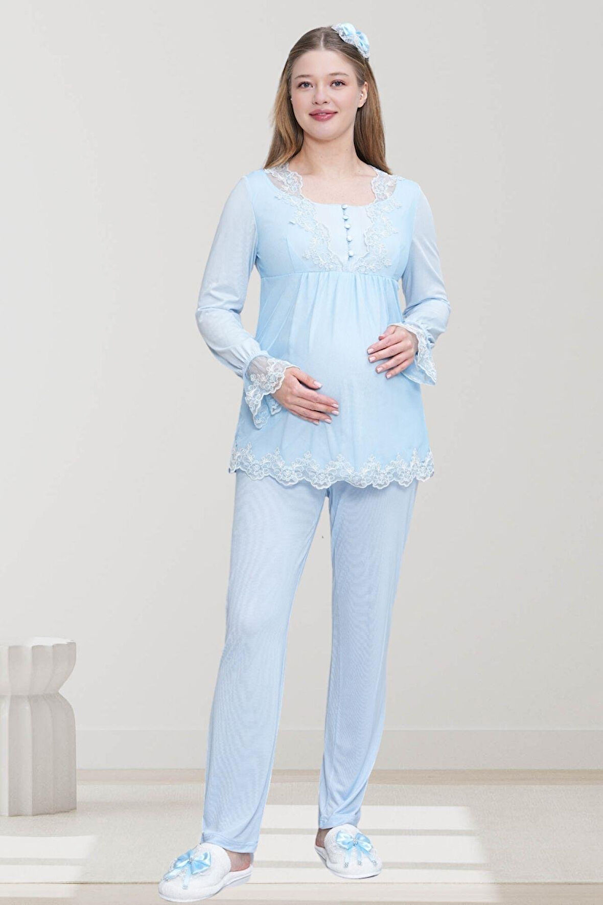 Mecit 6300 Mavi Dantelli Hamile Lohusa Pijama Takımı
