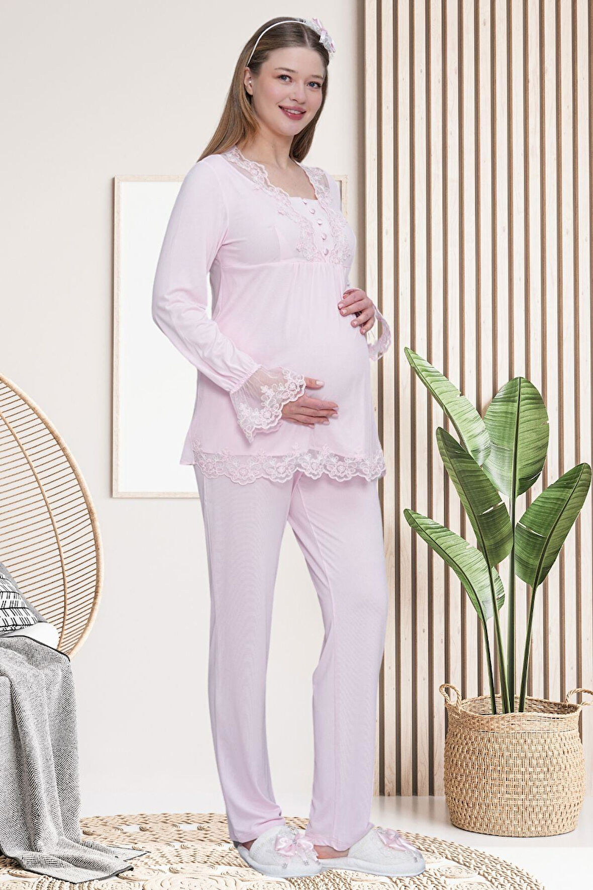 Mecit 6300 Pembe Dantelli Hamile Lohusa Pijama Takımı