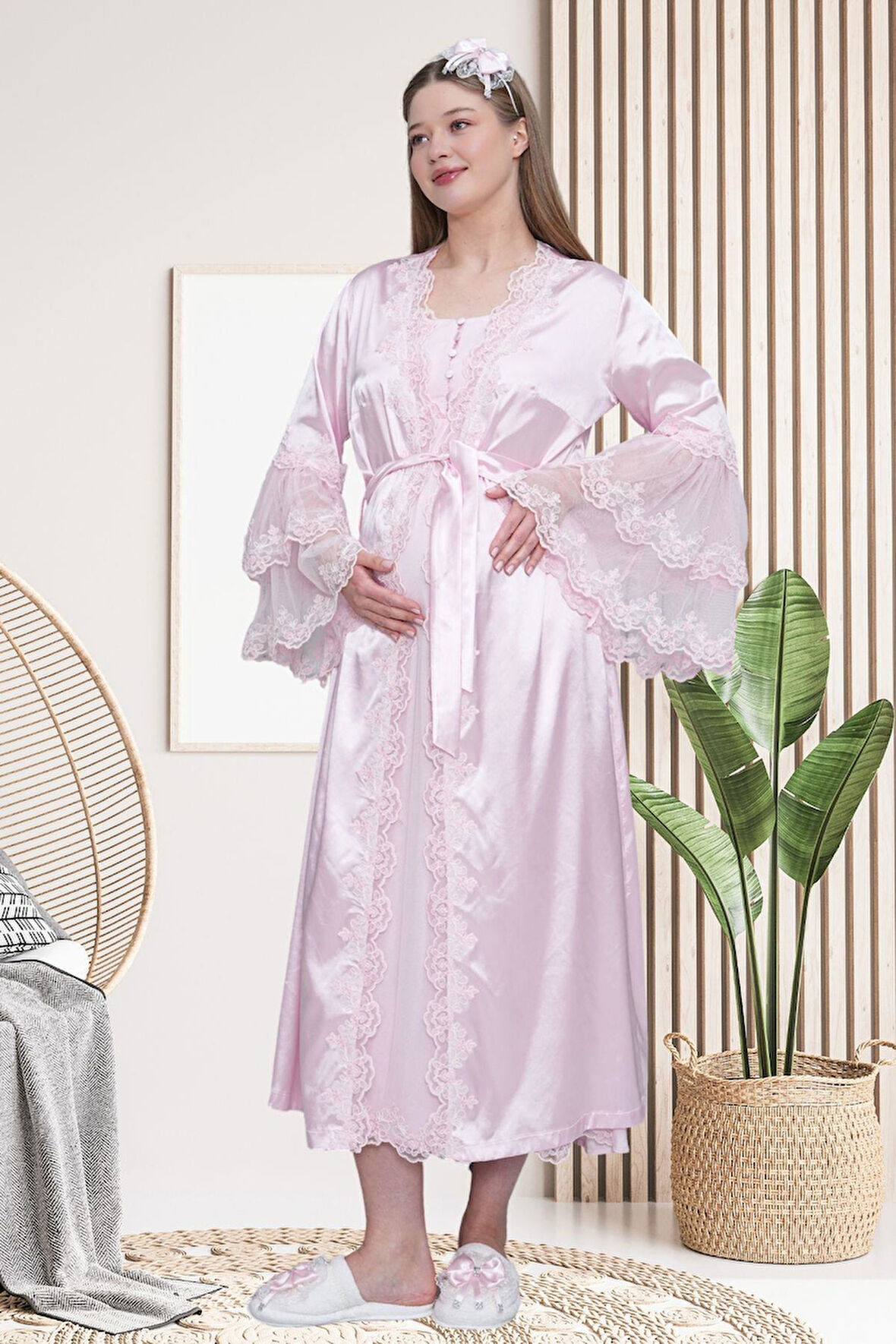 Mecit 6301 Pembe Hamile Lohusa Dantelli Sabahlık Gecelik Takım