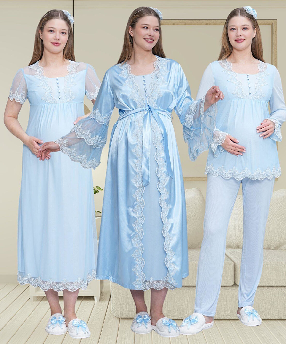 Mecit 6302 Mavi Dantelli Sabahlık Gecelik Pijama Lohusa Set