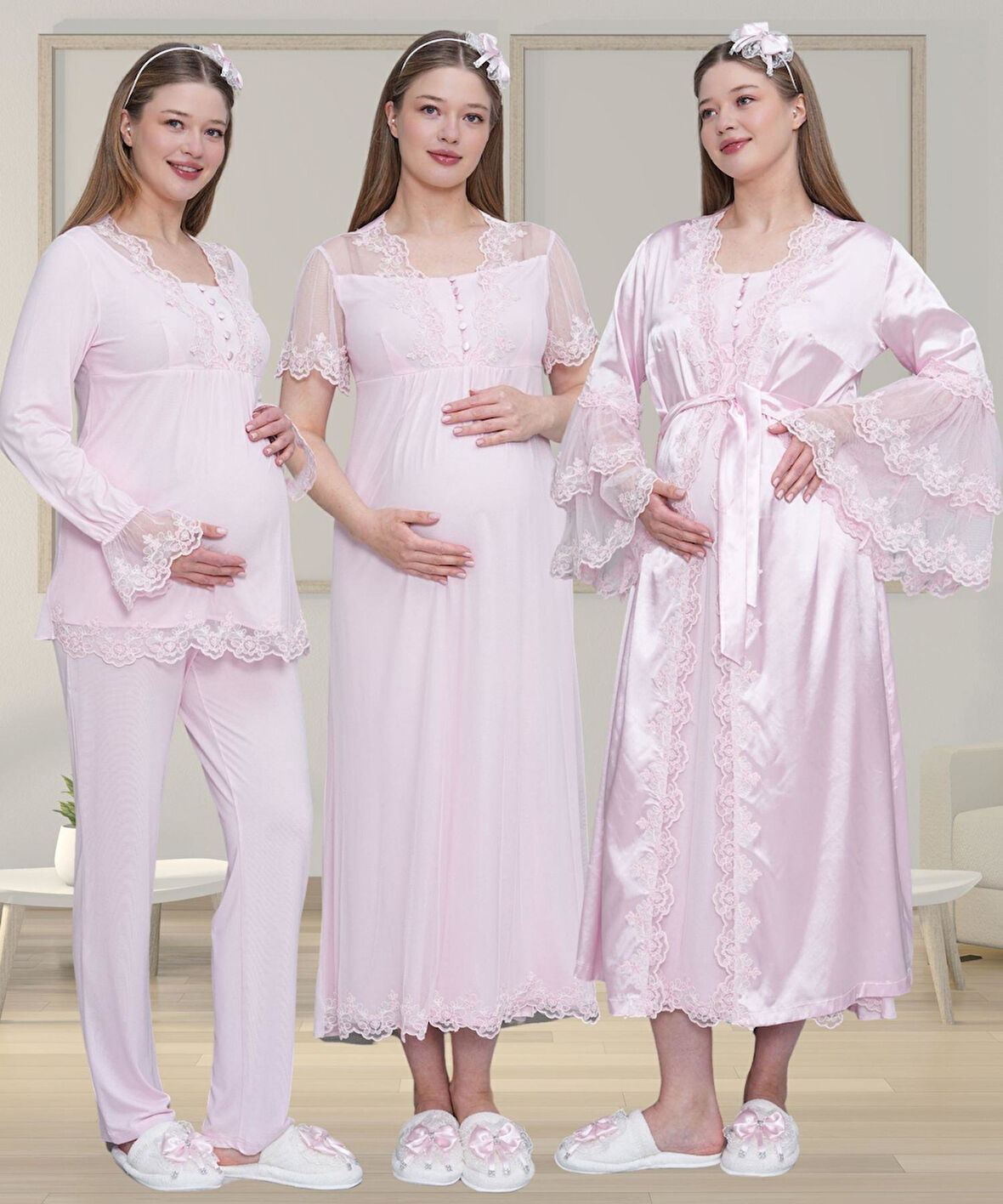 Mecit 6302 Pembe Dantelli Sabahlık Gecelik Pijama Lohusa Set