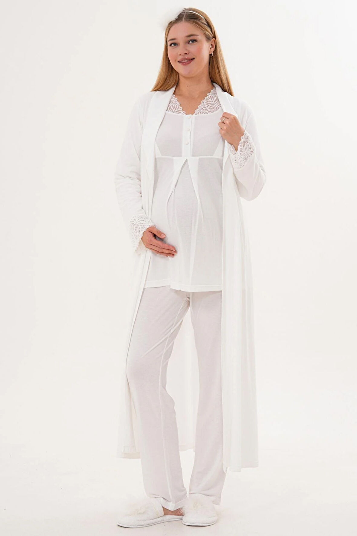 Mecit 6330 Ekru Sabahlıklı Lohusa Pijama Takımı