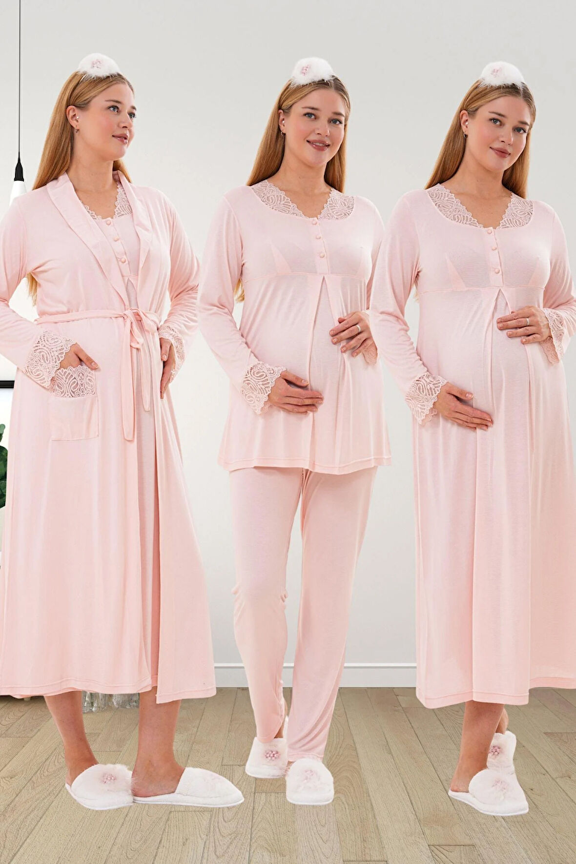 Mecit 6332 Pudra Sabahlık Gecelik Pijama Hamile Lohusa Set