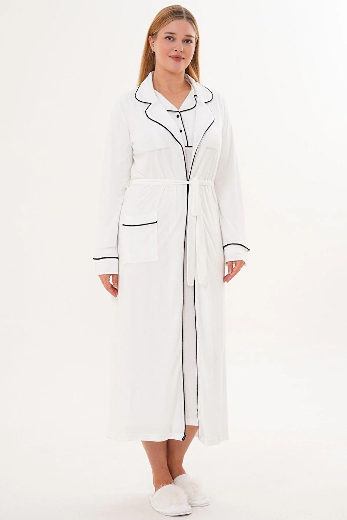 Mecit 6334 Ekru Kadın Sabahlıklı Gecelik Takım