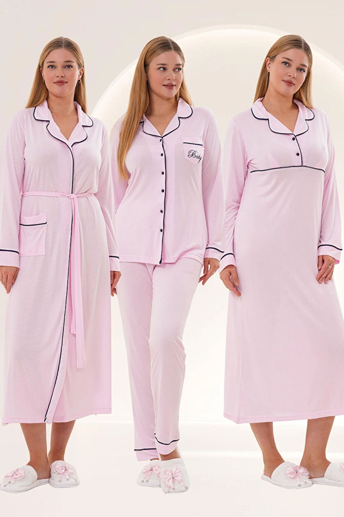 Mecit 6335 Pembe Kadın Sabahlık Gecelik Pijama 4'lü Set