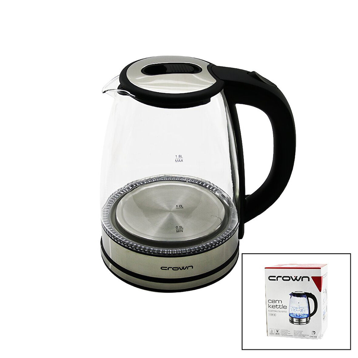 CAM - LEDLİ KETTLE 1.8LT 1500W ÇELİK TABAN - KROM KAPAK 360° GÖVDE PLASTİK KUL