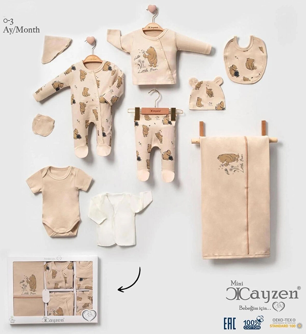 ORGANİK 10 PARÇA AYICIK DESENLİ UNİSEX HASTANE ÇIKIŞI