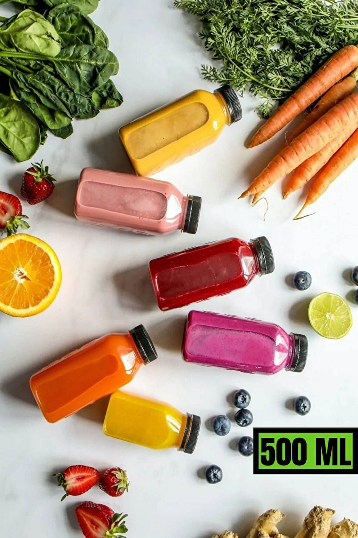 6 Adet 500 ml Smoothie Detoks Şişesi Şeffaf Plastik Sızdırmaz Kapak Köşeli Meyve Suyu Şişesi