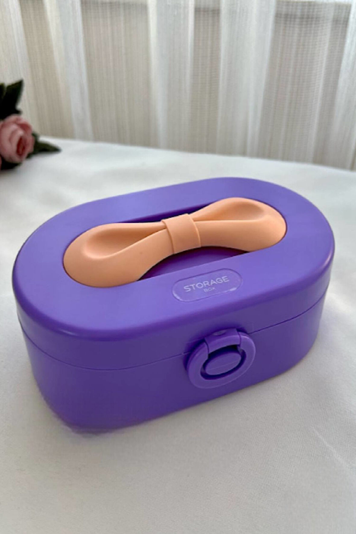 Seyahat Boyu Makyaj Takı Kutusu Aynalı Bölmeli Pembe Mor Kurdeleli Aksesuar Organizeri