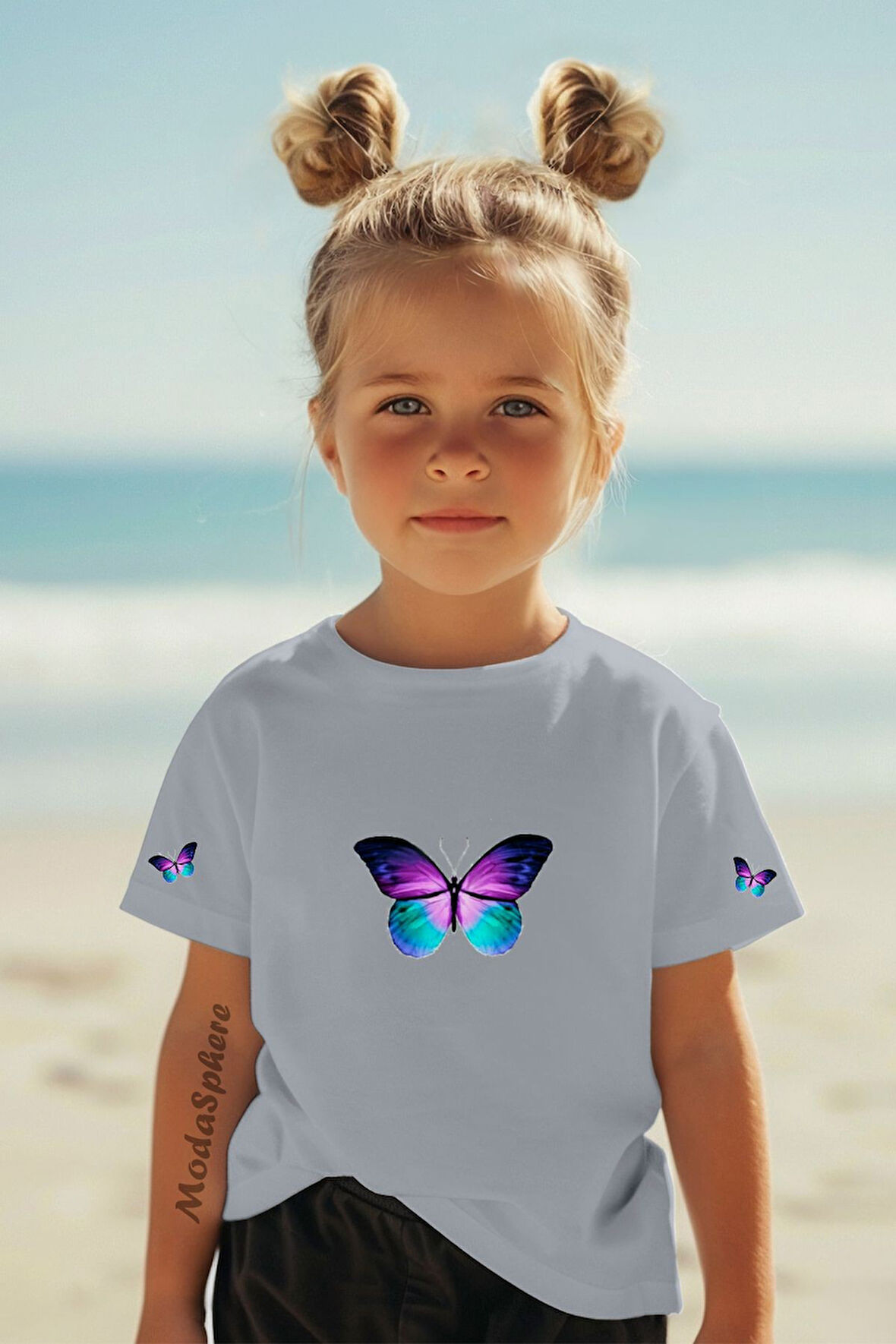 KELEBEK BASKILI BİSİKLET YAKA KISA KOLLU ÇOCUK TİŞÖRT