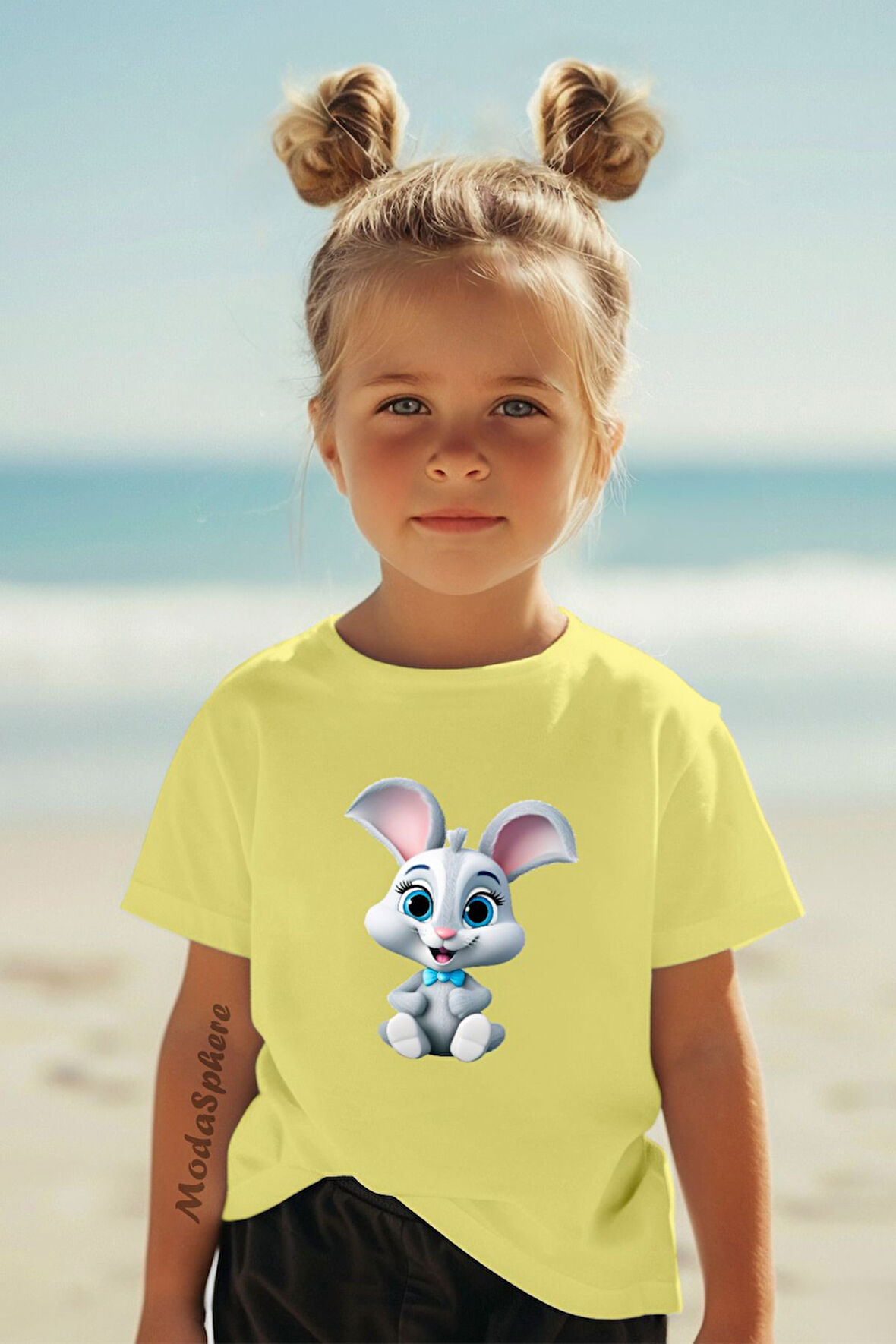 TAVŞAN BASKILI BİSİKLET YAKA KISA KOLLU ÇOCUK TİŞÖRT