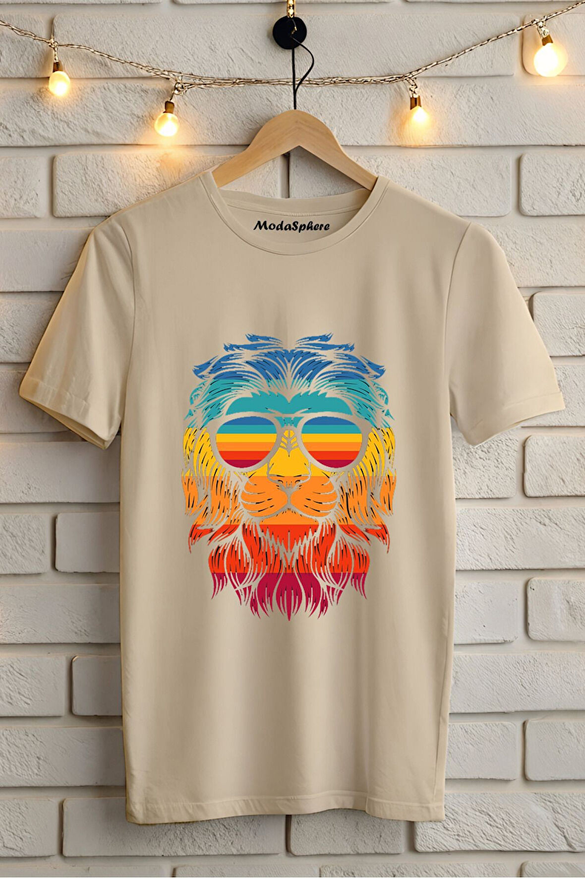 RENKLİ ASLAN BASKILI BİSİKLET YAKA KISA KOLLU UNISEX TİŞÖRT