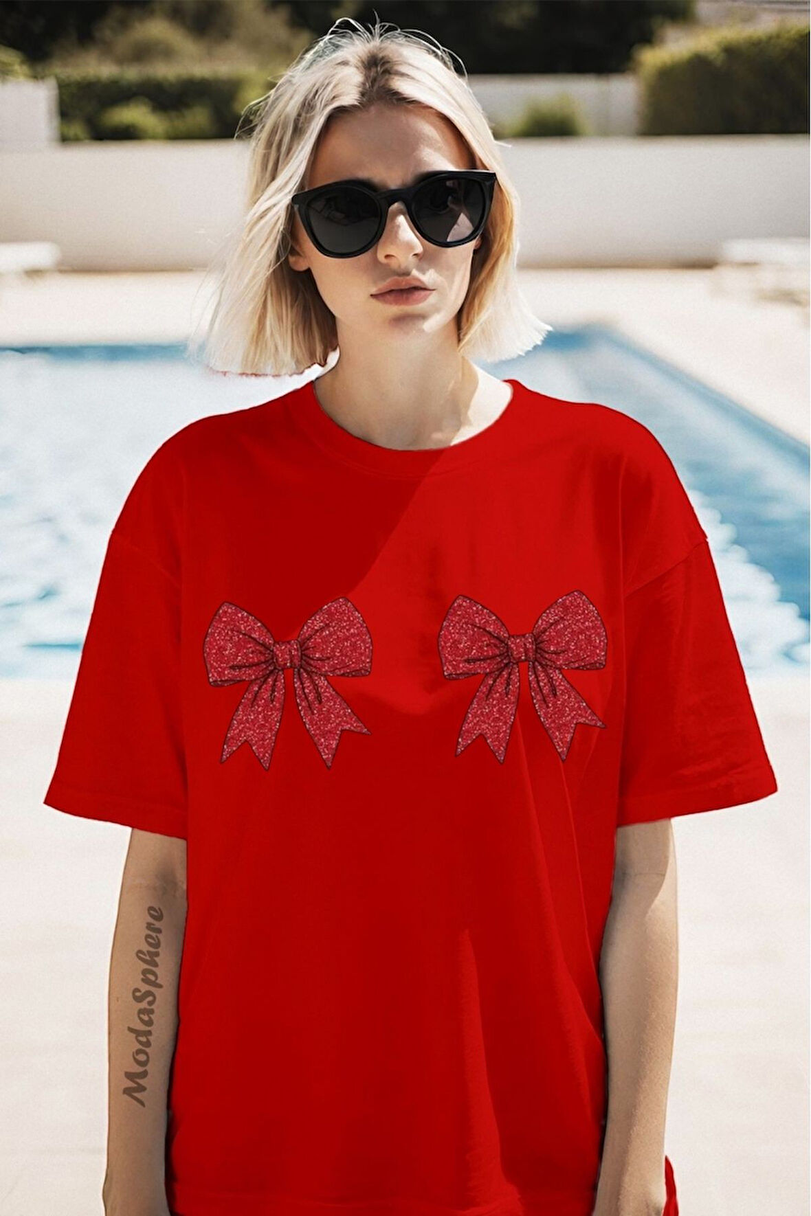 Christmas Yıllbaşı Glittering Bow Baskılı Unisex Oversize Tişört Battal Boy