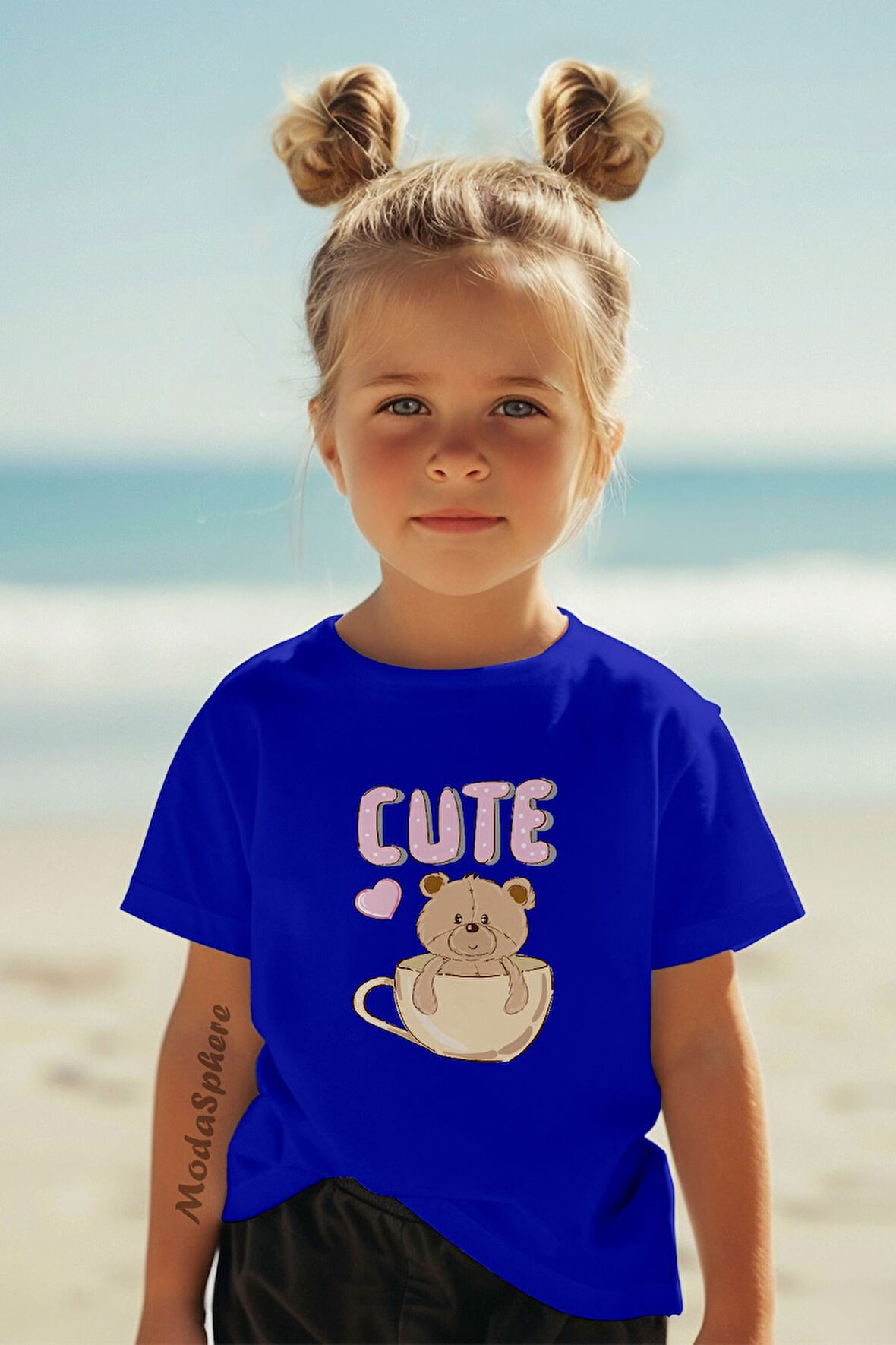 CUTE BEAR BASKILI BİSİKLET YAKA KISA KOLLU ÇOCUK TİŞÖRT