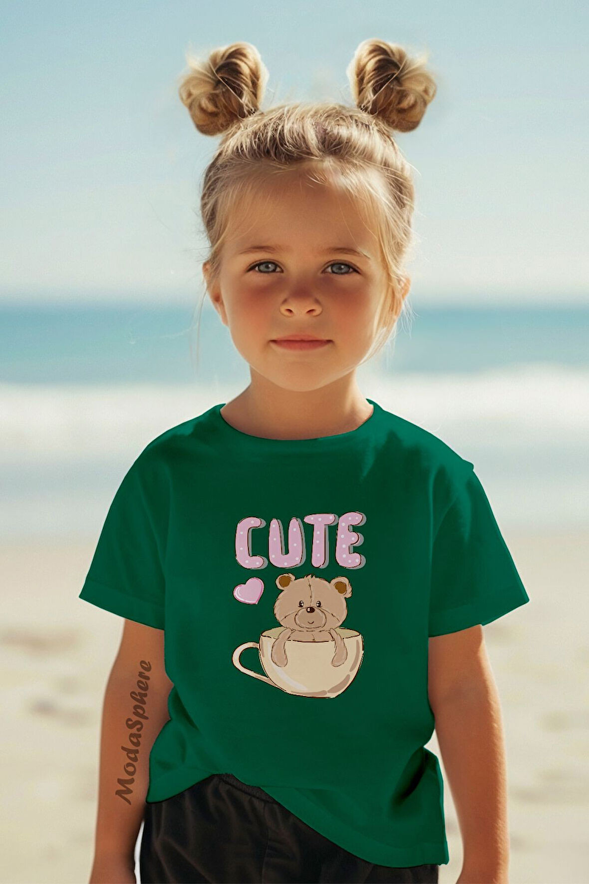 CUTE BEAR BASKILI BİSİKLET YAKA KISA KOLLU ÇOCUK TİŞÖRT