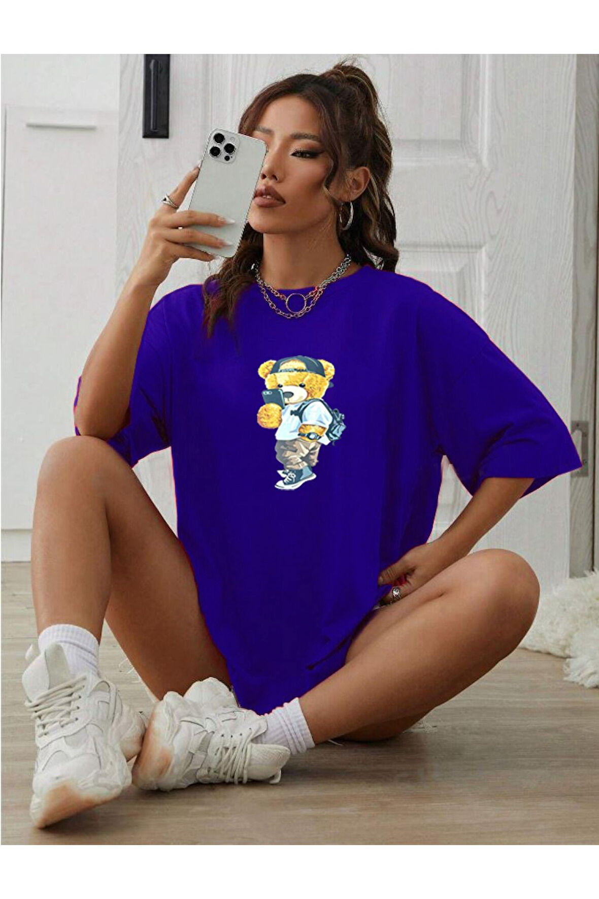 Unisex Peluş Ayı Baskılı Bisiklet Yaka Tshirt