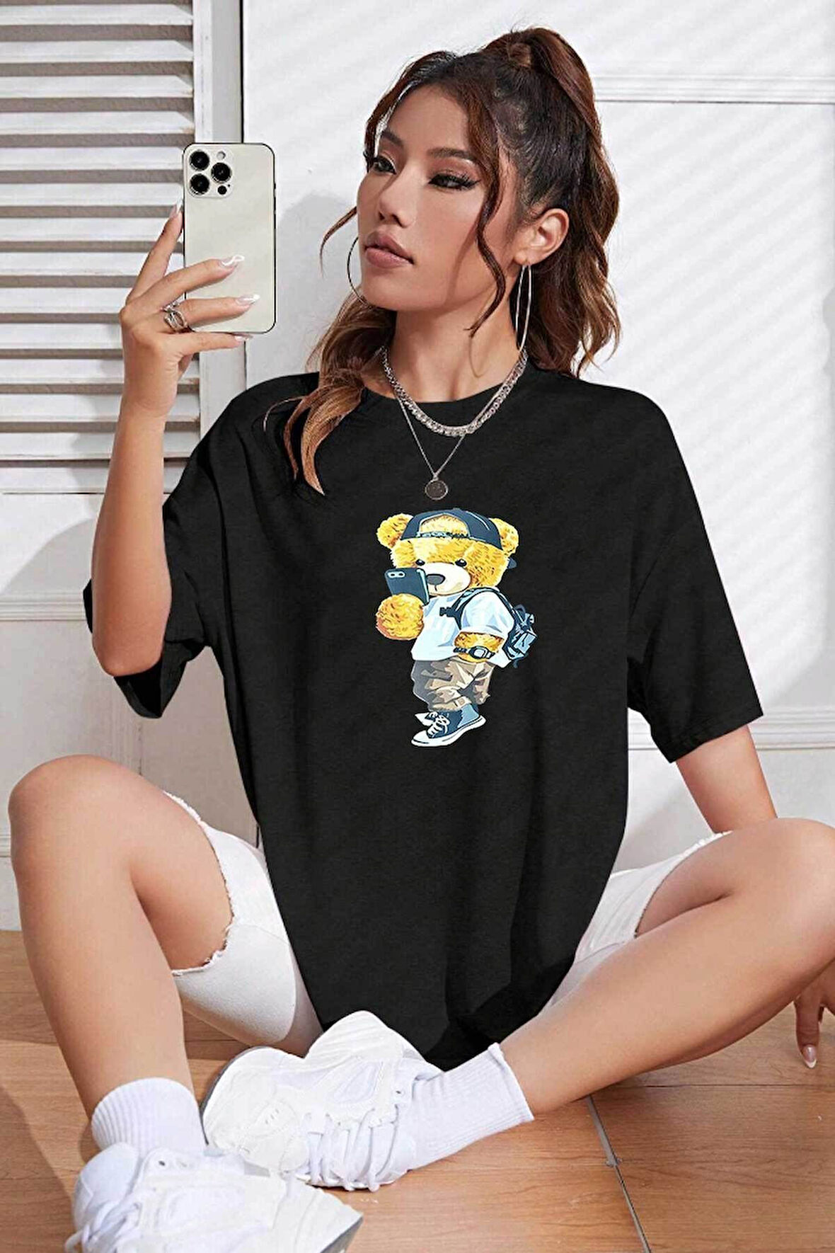 Unisex Peluş Ayı Baskılı Bisiklet Yaka Tshirt