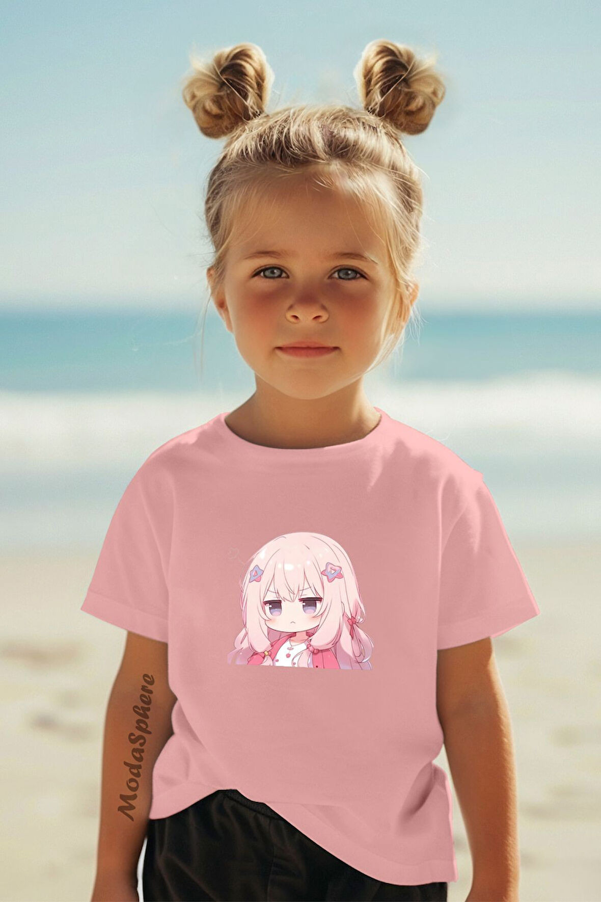 PEMBE ANİME BASKILI BİSİKLET YAKA KISA KOLLU ÇOCUK TİŞÖRT