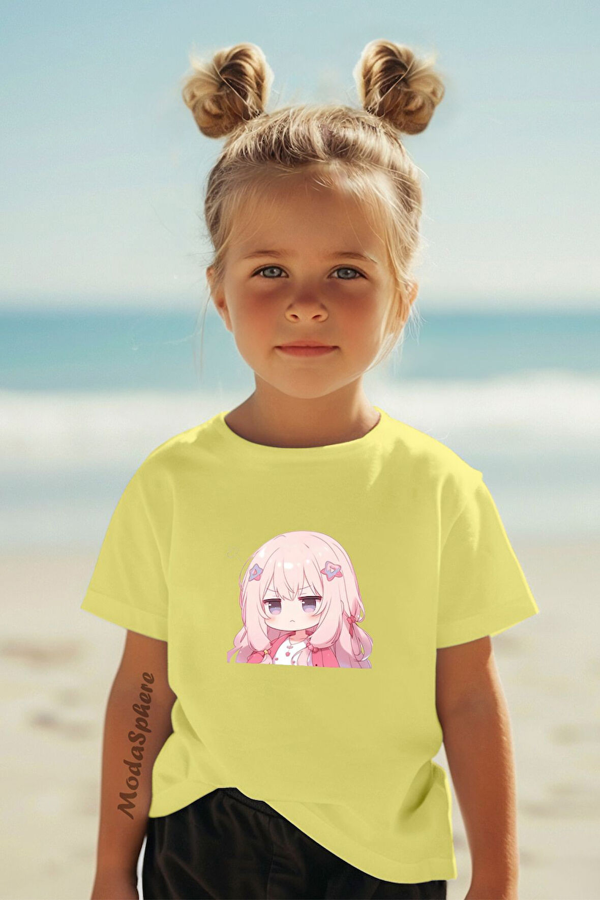 PEMBE ANİME BASKILI BİSİKLET YAKA KISA KOLLU ÇOCUK TİŞÖRT