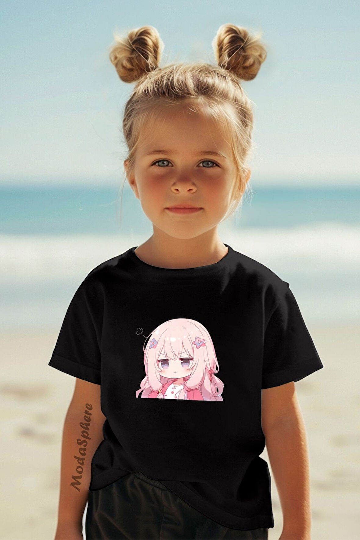PEMBE ANİME BASKILI BİSİKLET YAKA KISA KOLLU ÇOCUK TİŞÖRT