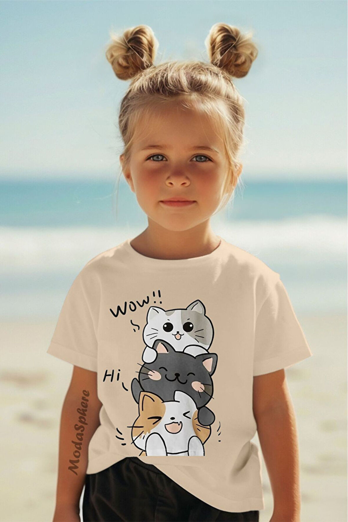 KEDİ BASKILI KISA KOLLU ÇOCUK TİŞÖRT
