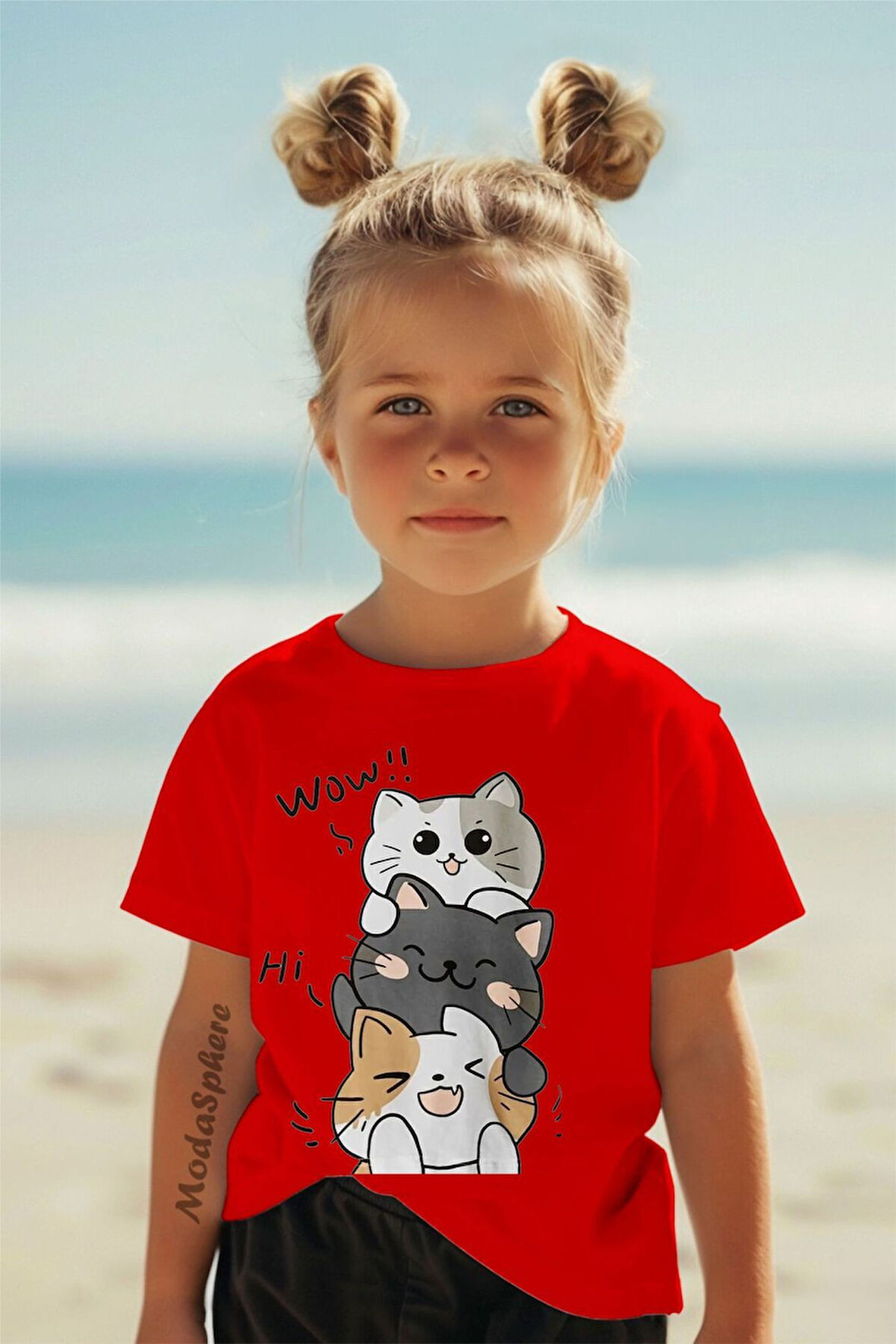 KEDİ BASKILI KISA KOLLU ÇOCUK TİŞÖRT