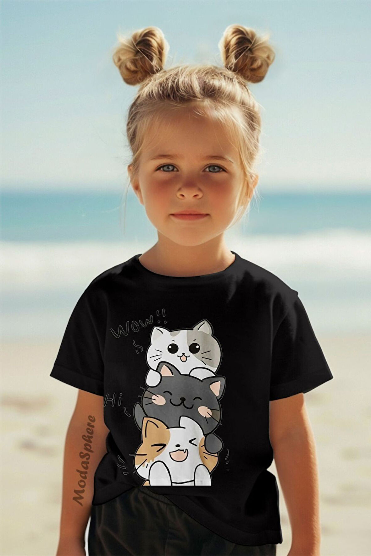 KEDİ BASKILI KISA KOLLU ÇOCUK TİŞÖRT