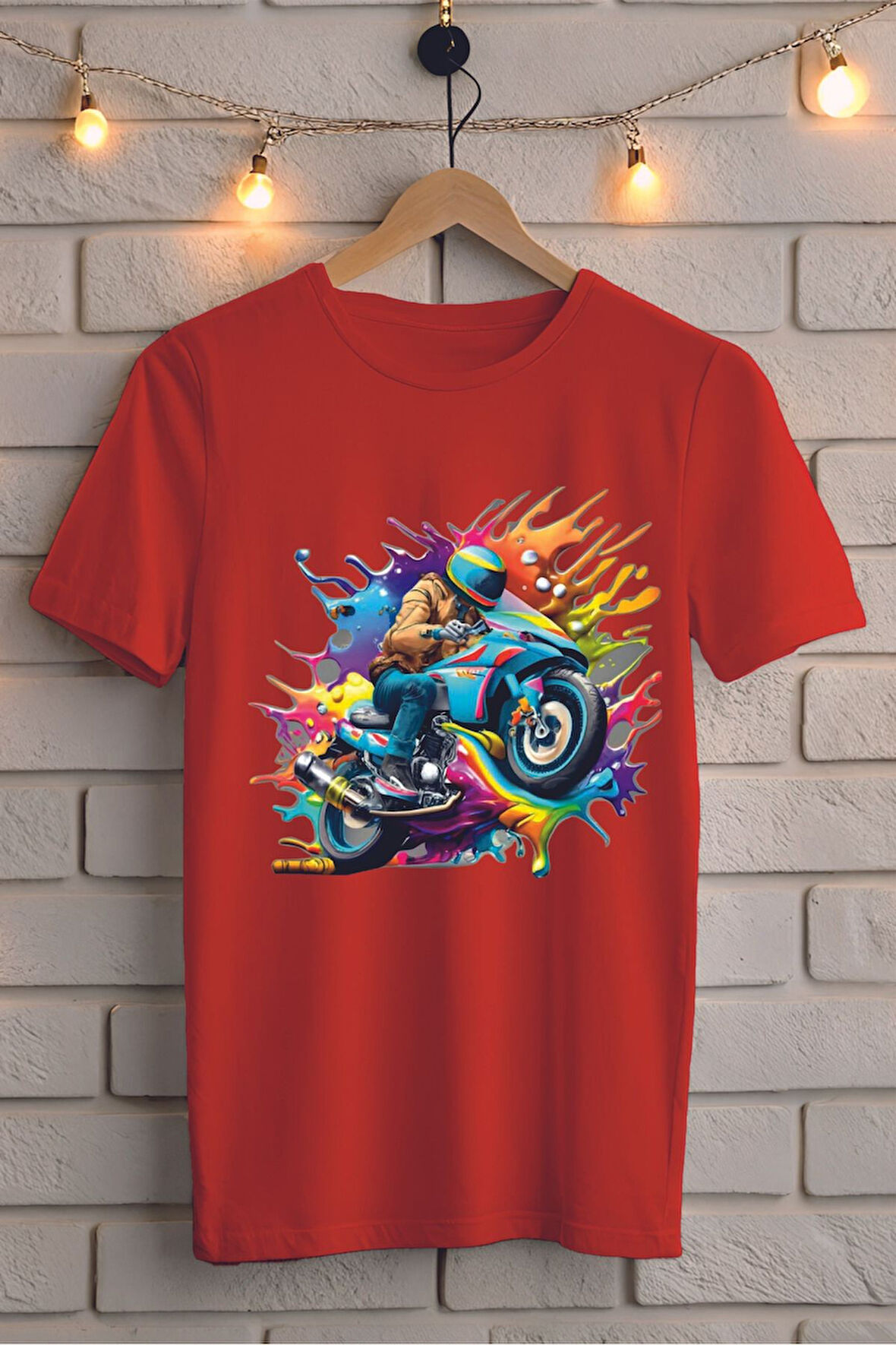 Renkli Motor Baskılı Unisex Oversize Tişört