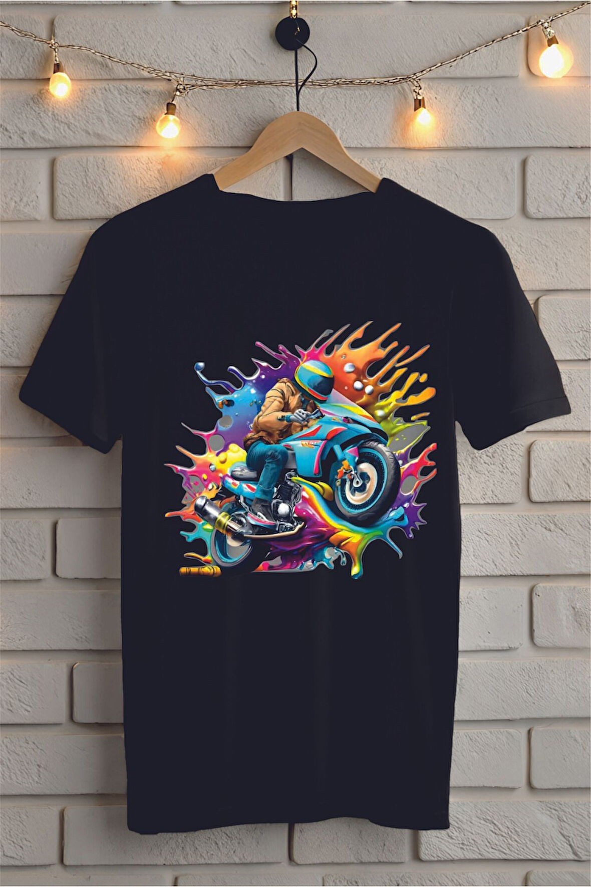 Renkli Motor Baskılı Unisex Oversize Tişört