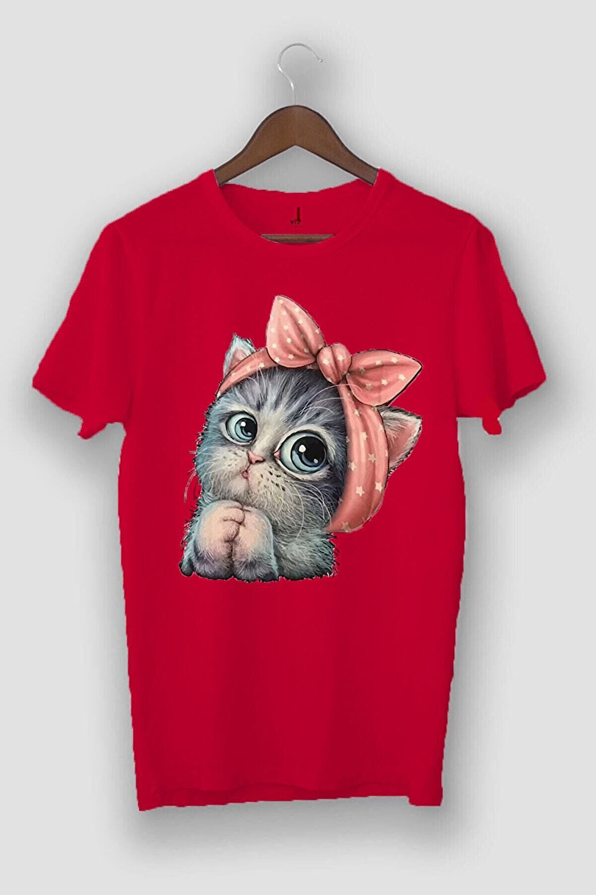 Griland Oversize Unisex Kırmızı Sevimli Minik Kedi Baskılı T-shirt