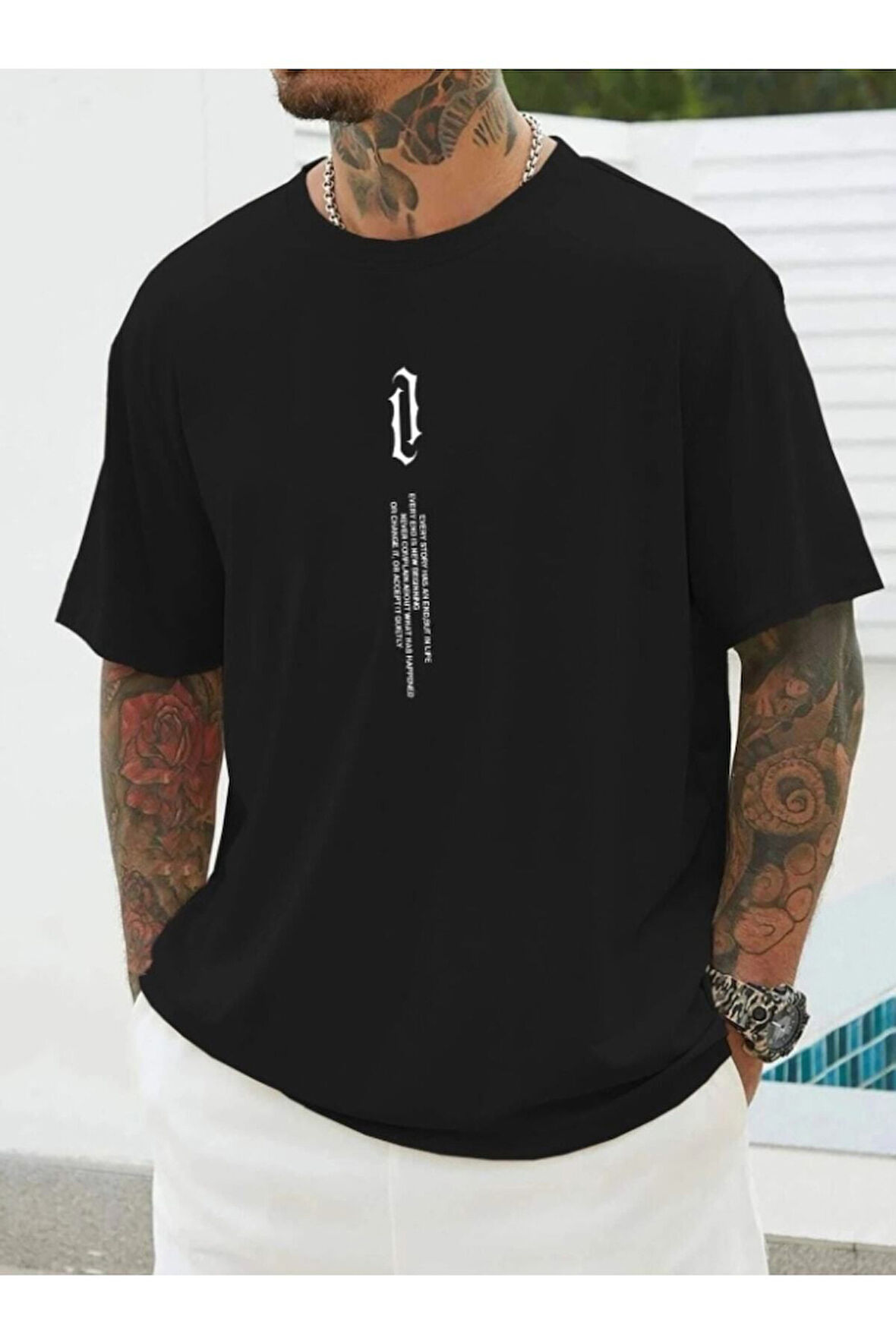 Erkek Oversize Siyah Dikey Baskılı T-shirt