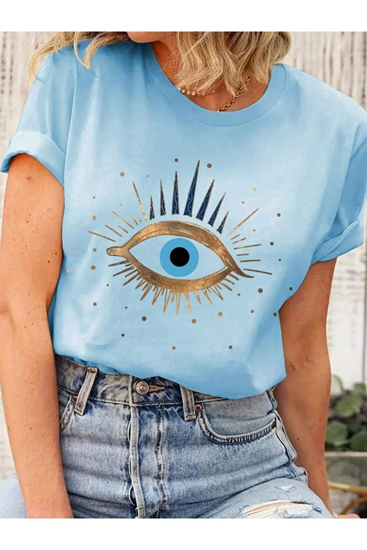 Kadın Beyaz Eye Baskılı Regular Tişört