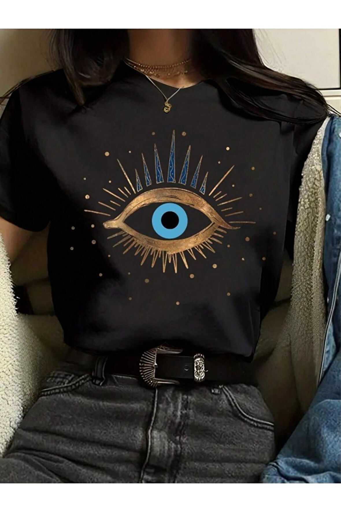 Kadın Beyaz Eye Baskılı Regular Tişört