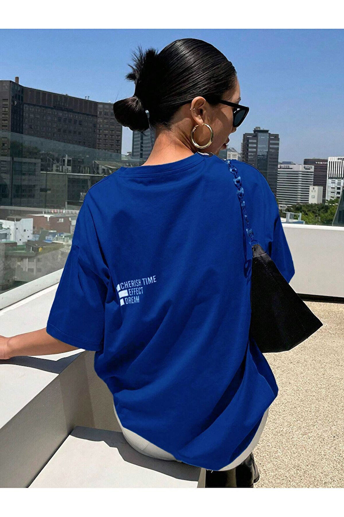 Cherish Time T-Shirt - Siyah Baskılı Oversize Bisiklet Yaka Kısa Kol