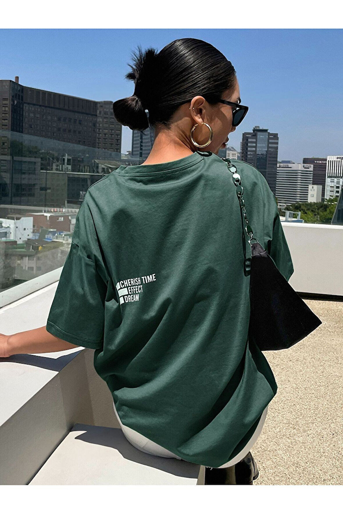 Cherish Time T-Shirt - Siyah Baskılı Oversize Bisiklet Yaka Kısa Kol