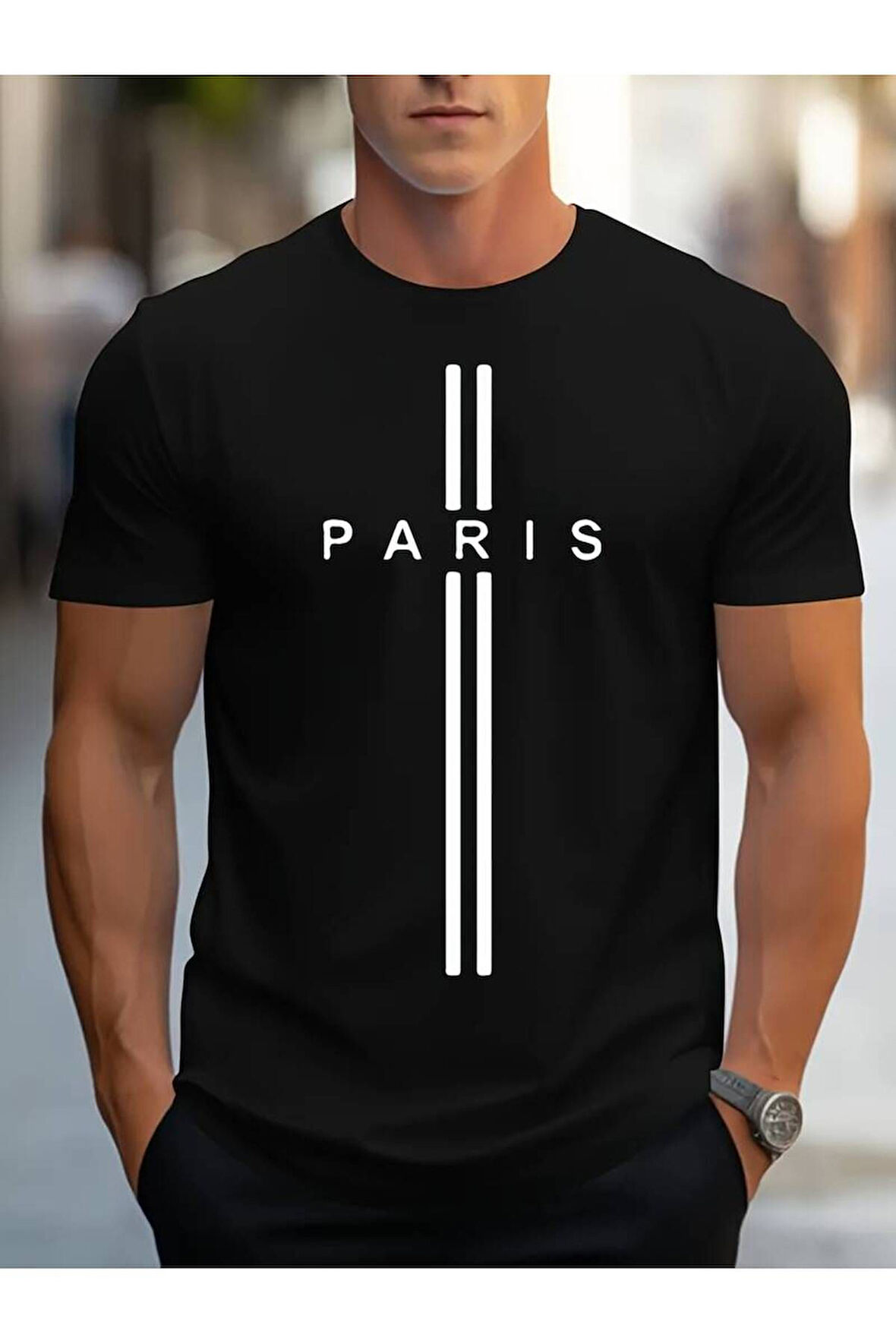 Erkek Oversize Siyah - Beyaz Bisiklet Yaka Paris Yazı Baskılı Tişört