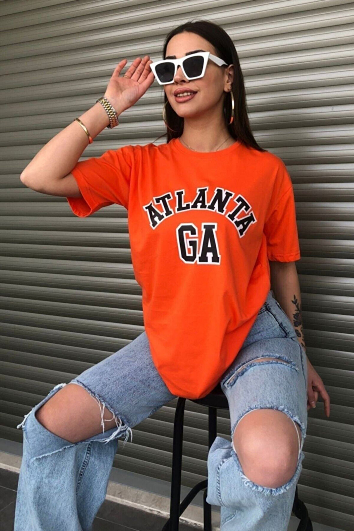 Kadın Siyah Atlanta Baskılı Oversize T-shirt