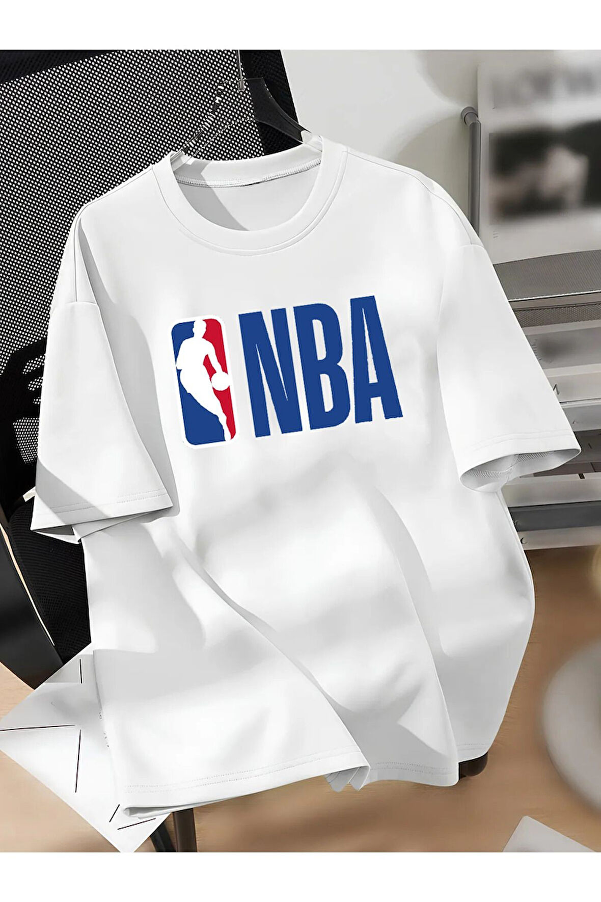 Unisex BASKET/NBA Renkli Özel Baskılı Oversize Pamuklu Bisiklet Yaka T-Shirt