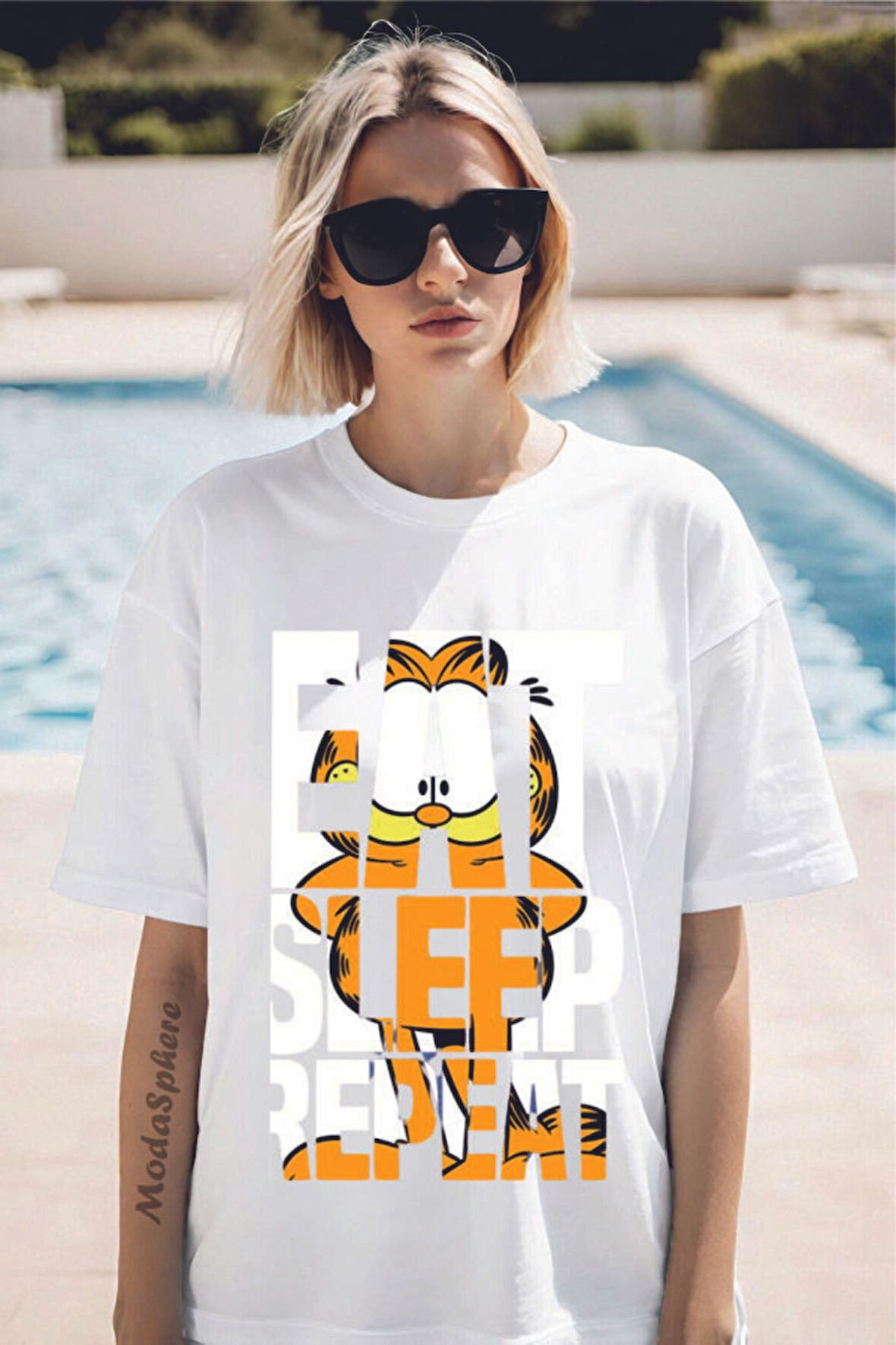 GARFIELD EAT Baskılı Bisiklet Yaka Unisex Oversize Tişört